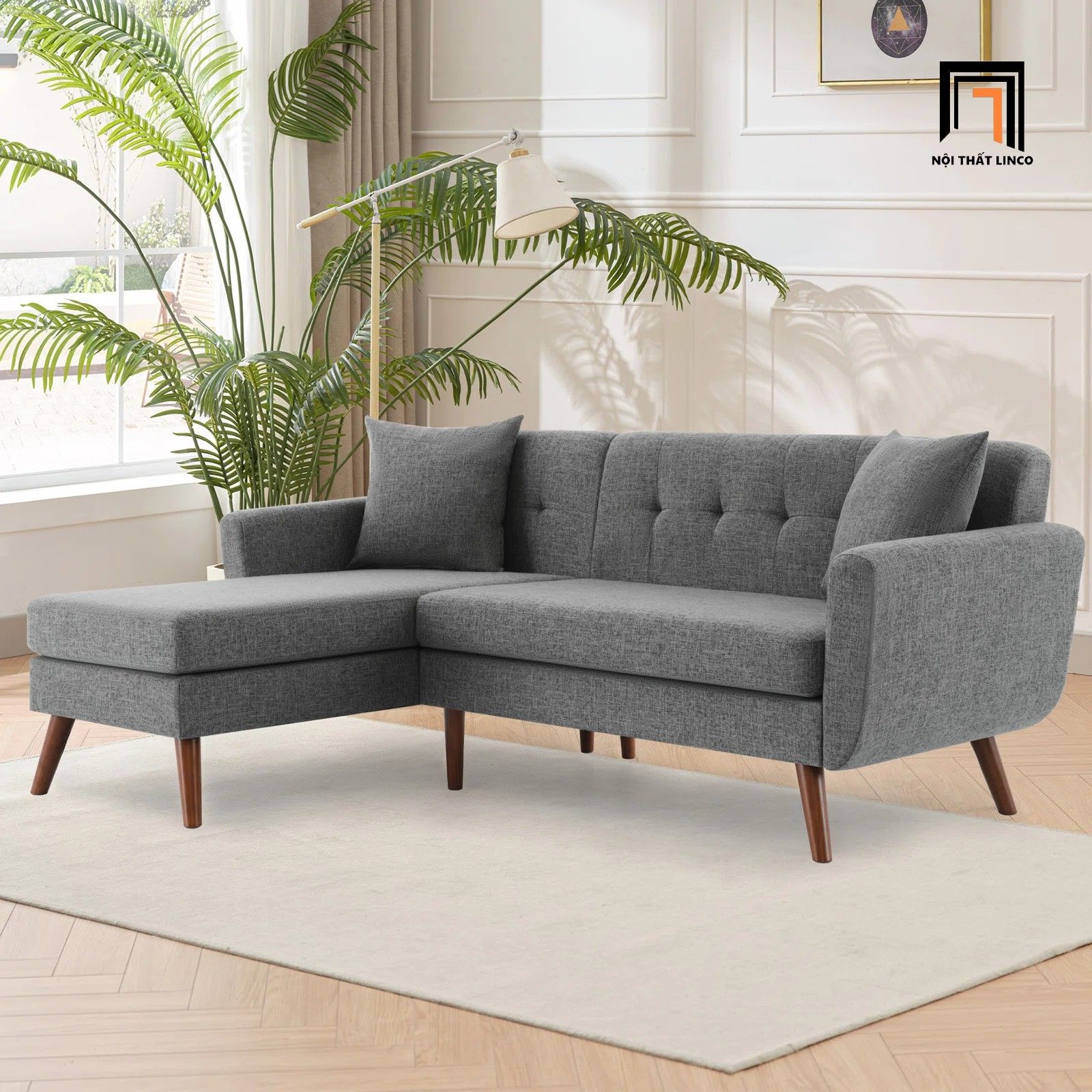 Sofa góc gia đình nhỏ 2m2 x 1m6 GT226 Catine xám đậm vải nỉ