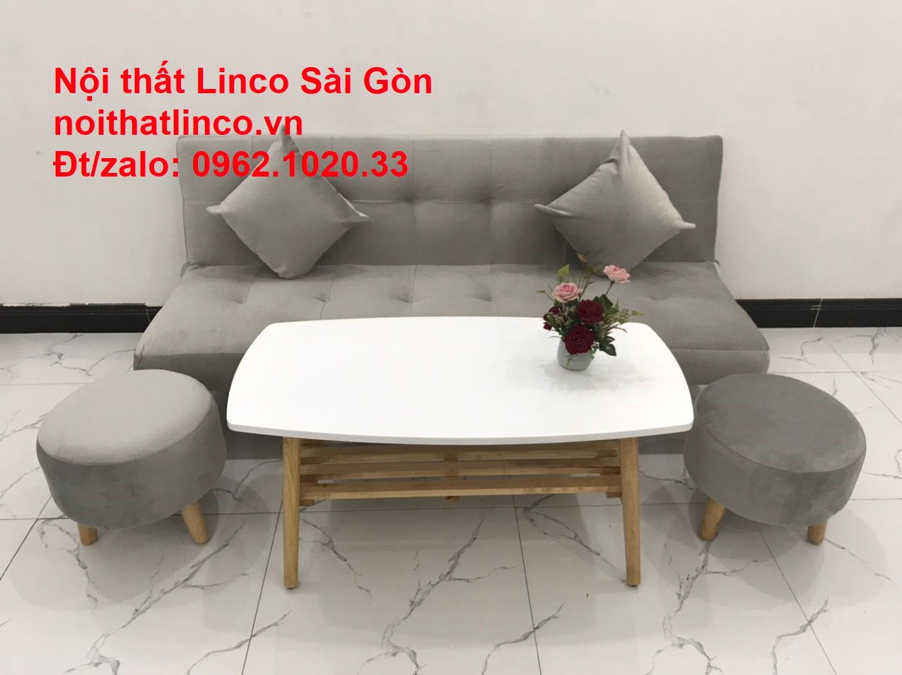 Bộ ghế sofa bed giường nằm nhỏ gọn 1m7 giá rẻ xám lông chuột vải nhung ở tại Nội thất Linco Sài Gòn