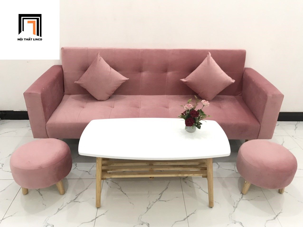 Bộ ghế sofa băng giường màu hồng phấn dài 2m giá rẻ