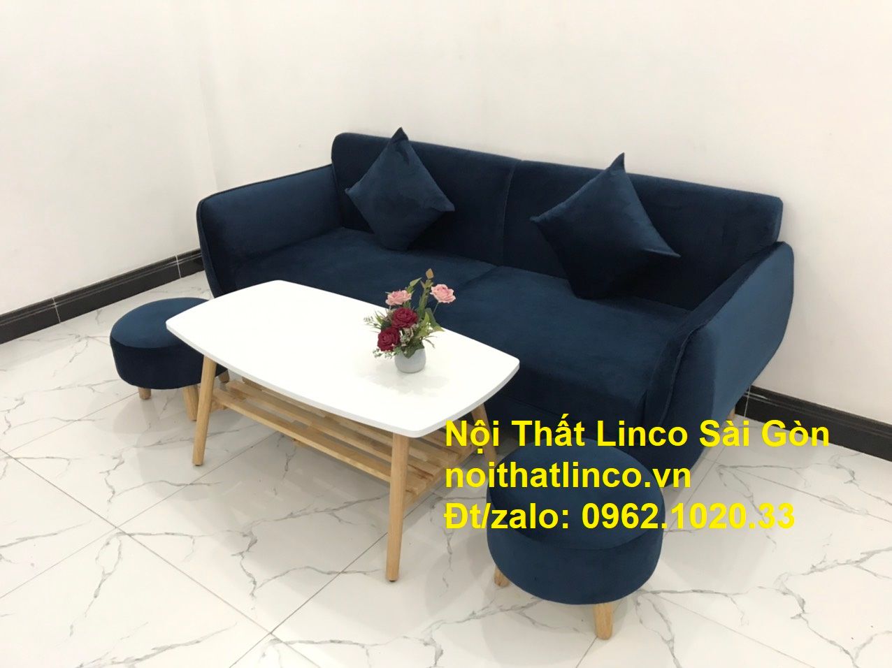 Bộ bàn ghế sofa băng văng xanh dương đậm giá rẻ Nội thất Linco Sài Gòn