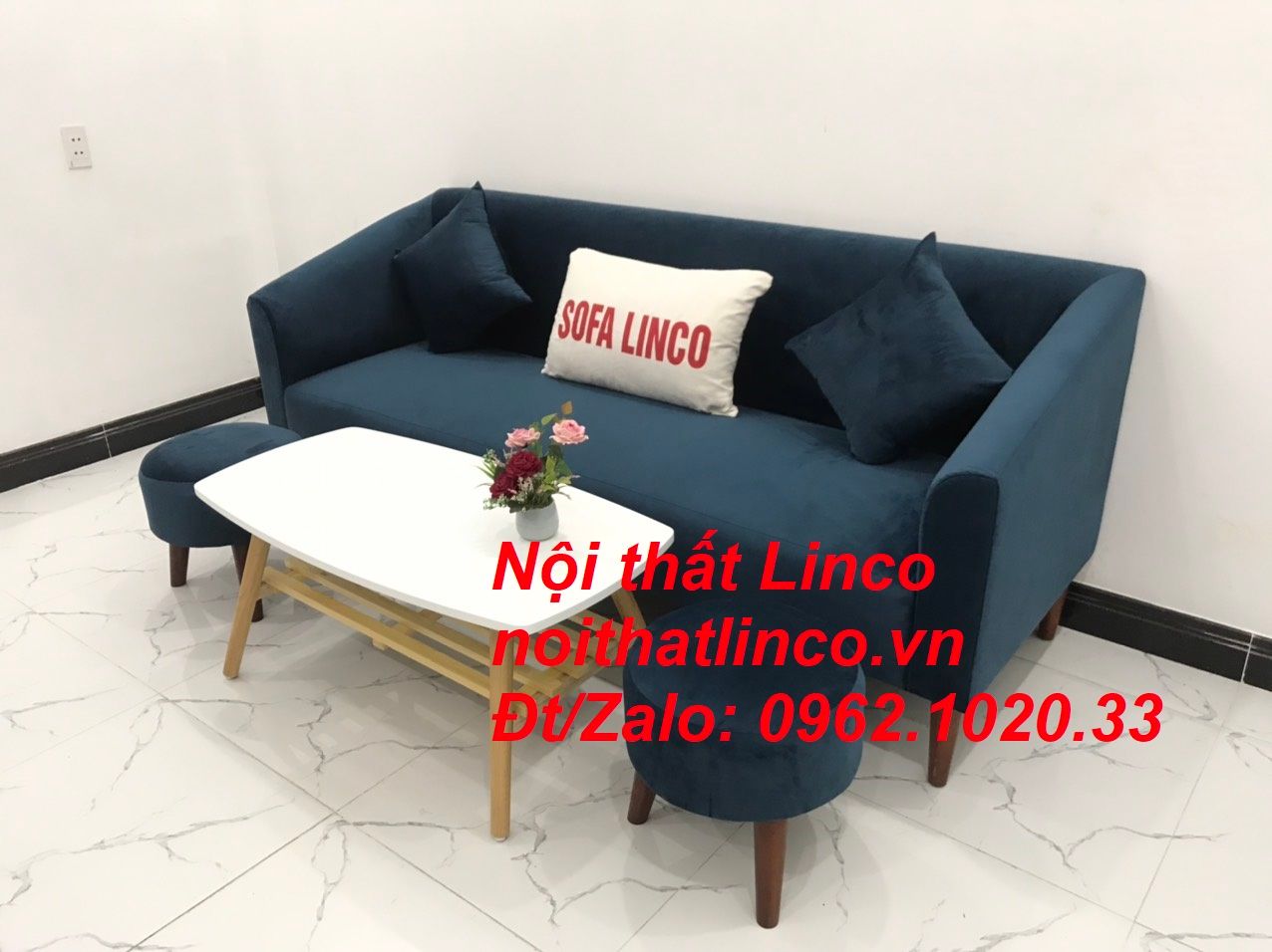 Bộ ghế sofa băng dài xanh dương đậm đen giá rẻ Nội thất Linco Sài Gòn