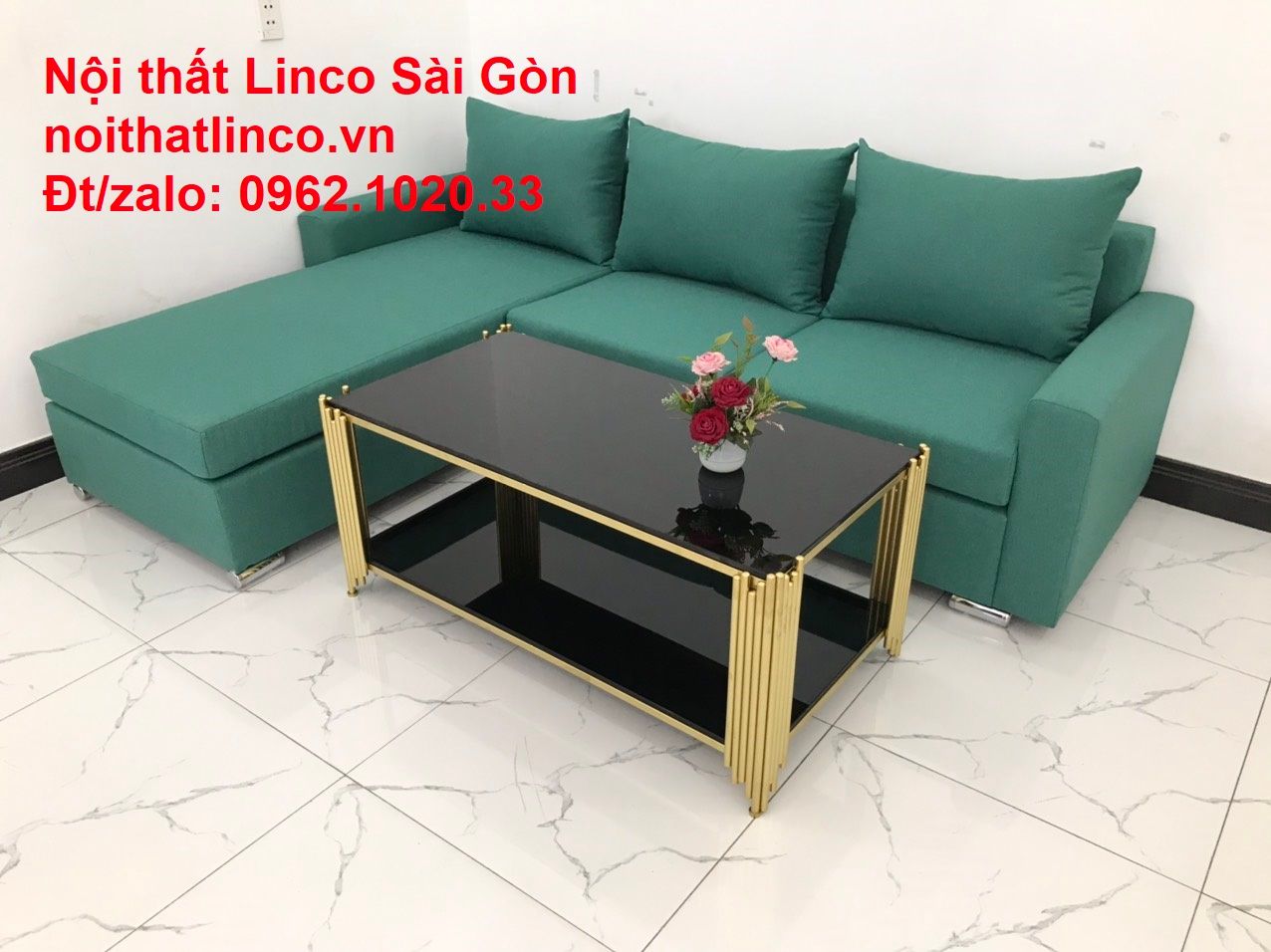 Bộ ghế sofa góc giá rẻ, ghế sofa góc vải màu xanh ngọc đẹp hiện đại | Nội thất Linco HCM Sài Gòn