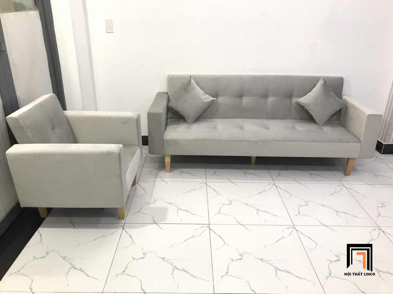 Bộ ghế sofa đa năng phòng khách NS02 vải nhung xám trắng