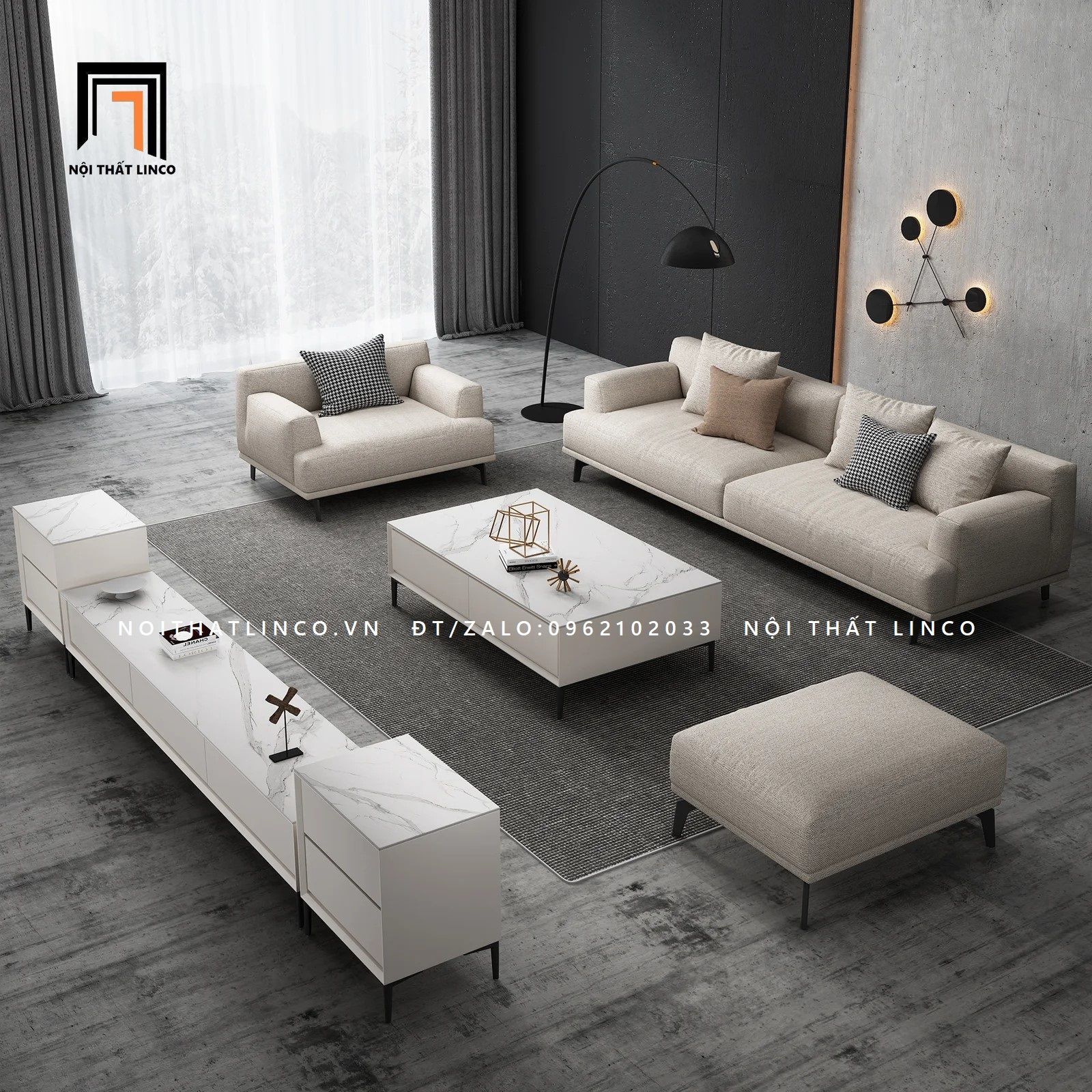 Set ghế sofa phòng khách sang trong KT32 Orren màu trắng kem