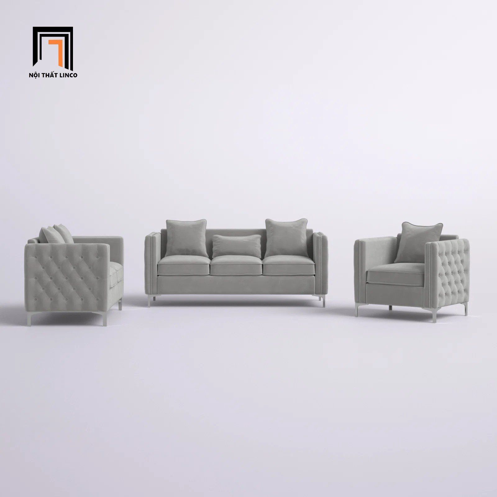 Bộ ghế sofa giật nút sang trọng KT122 Essex vải nhung xám trắng