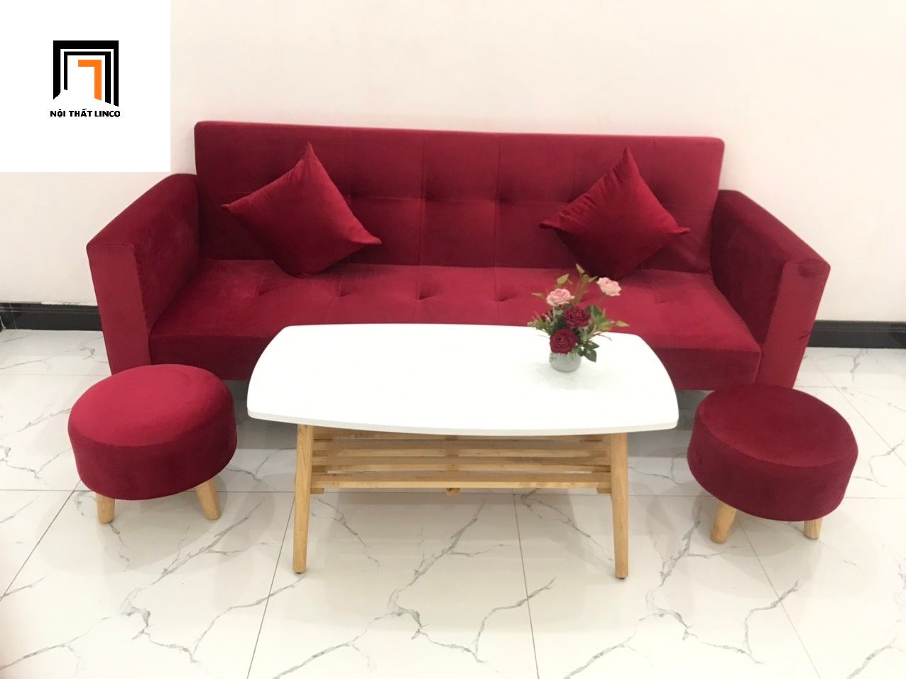 Bộ ghế sofa giường đa năng 2m màu đỏ vải nhung giá rẻ