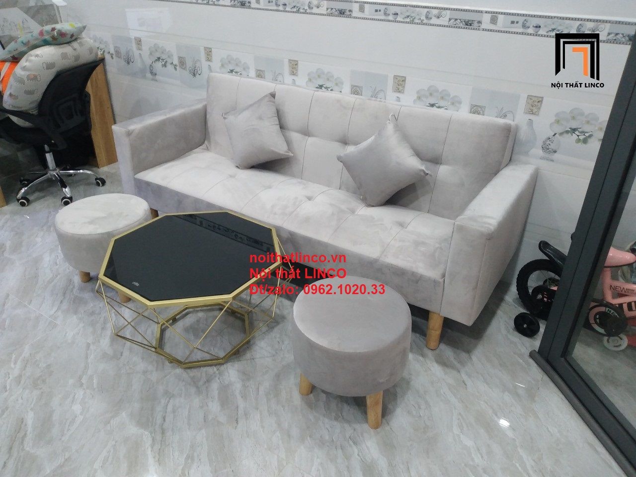 Bộ bàn ghế salon giường giá rẻ dài 2m nhỏ gọn màu xám nhung