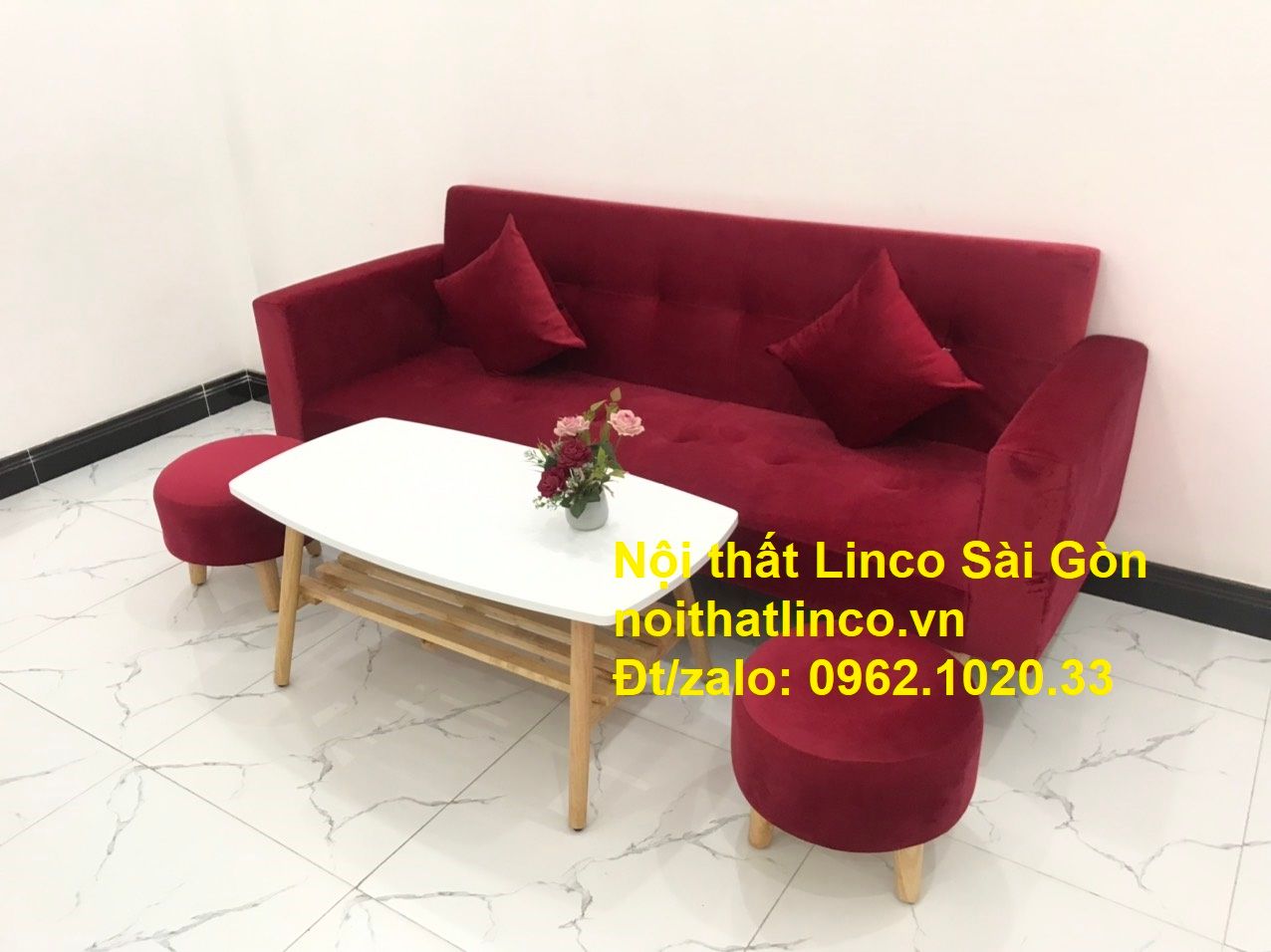Bộ ghế sofa giường đa năng màu đỏ vải nhung rẻ đẹp | Nội thất Linco Sài Gòn