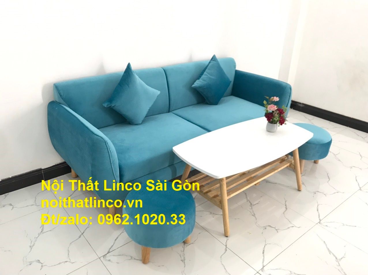 Bộ bàn ghế sofa băng xanh dương nước biển | sopha giá rẻ xanh dương da trời đẹp | ở tại Linco Sài Gòn