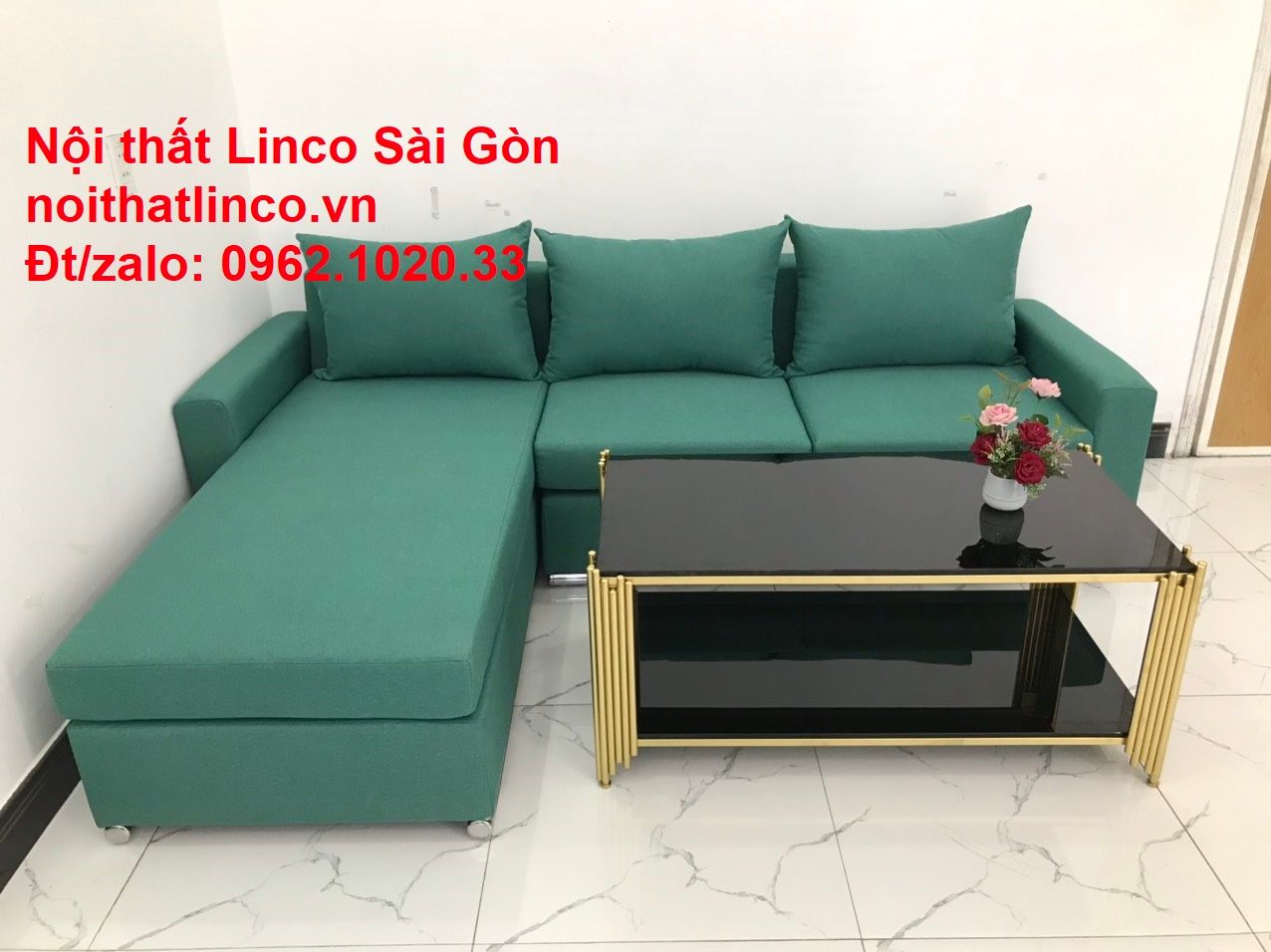 Bộ ghế sofa góc giá rẻ, ghế sofa góc vải màu xanh ngọc đẹp hiện đại | Nội thất Linco HCM Sài Gòn