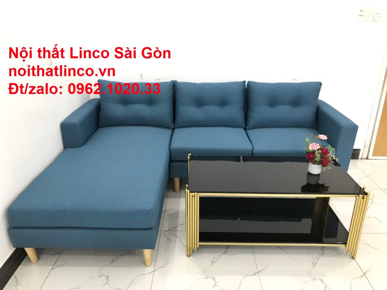 Bộ ghế sofa góc chữ L xanh dương nước biển đẹp hiện đại giá rẻ phòng khách | Nội thất Linco Tphcm