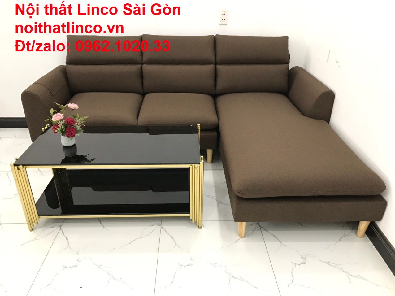 Bộ sofa góc chữ L rẻ | Sofa góc nâu cafe đen đậm giá rẻ đẹp phòng khách | Nội thất Linco HCM Sài Gòn