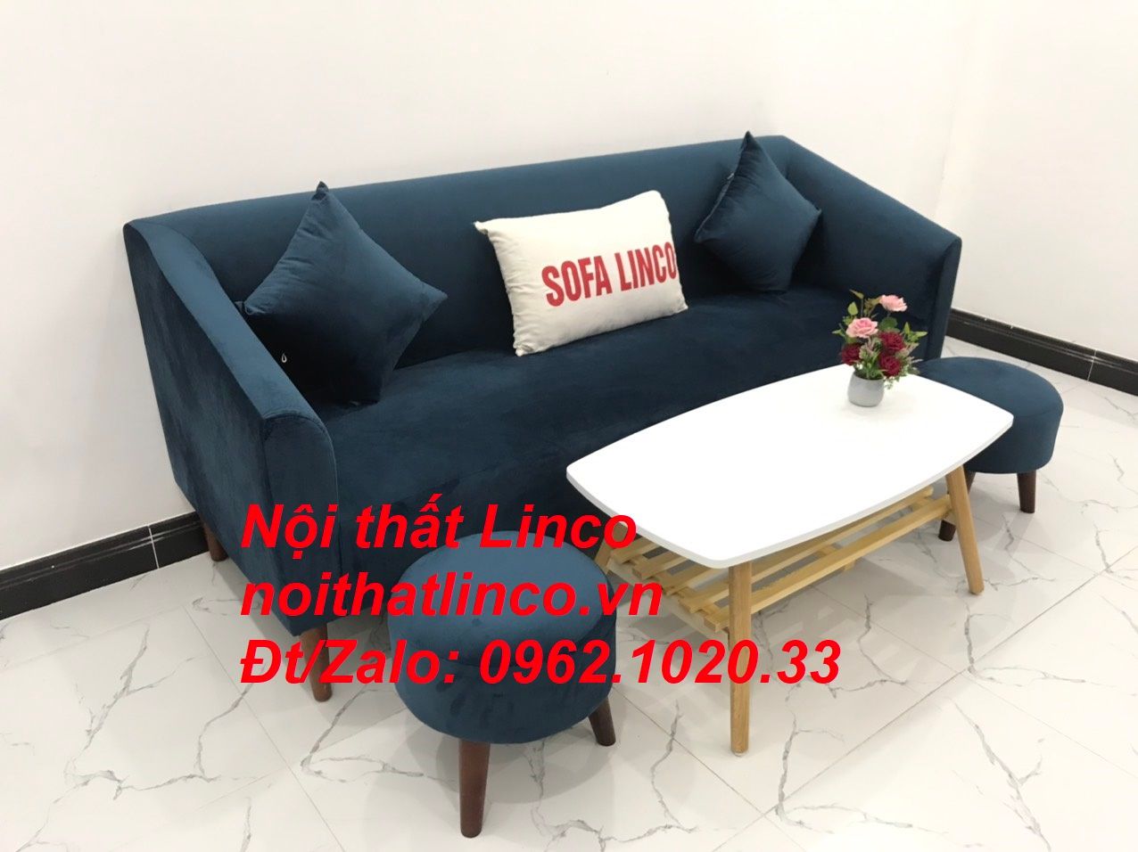 Bộ ghế sofa băng dài xanh dương đậm đen giá rẻ Nội thất Linco Sài Gòn