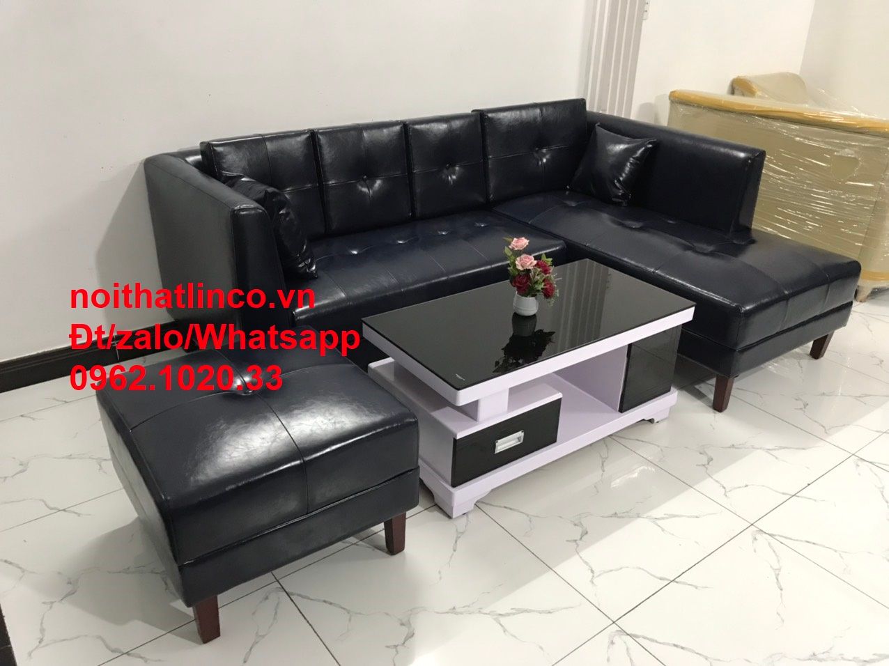 Bộ ghế sofa góc da giả 2m2 x 1m6 màu xanh than