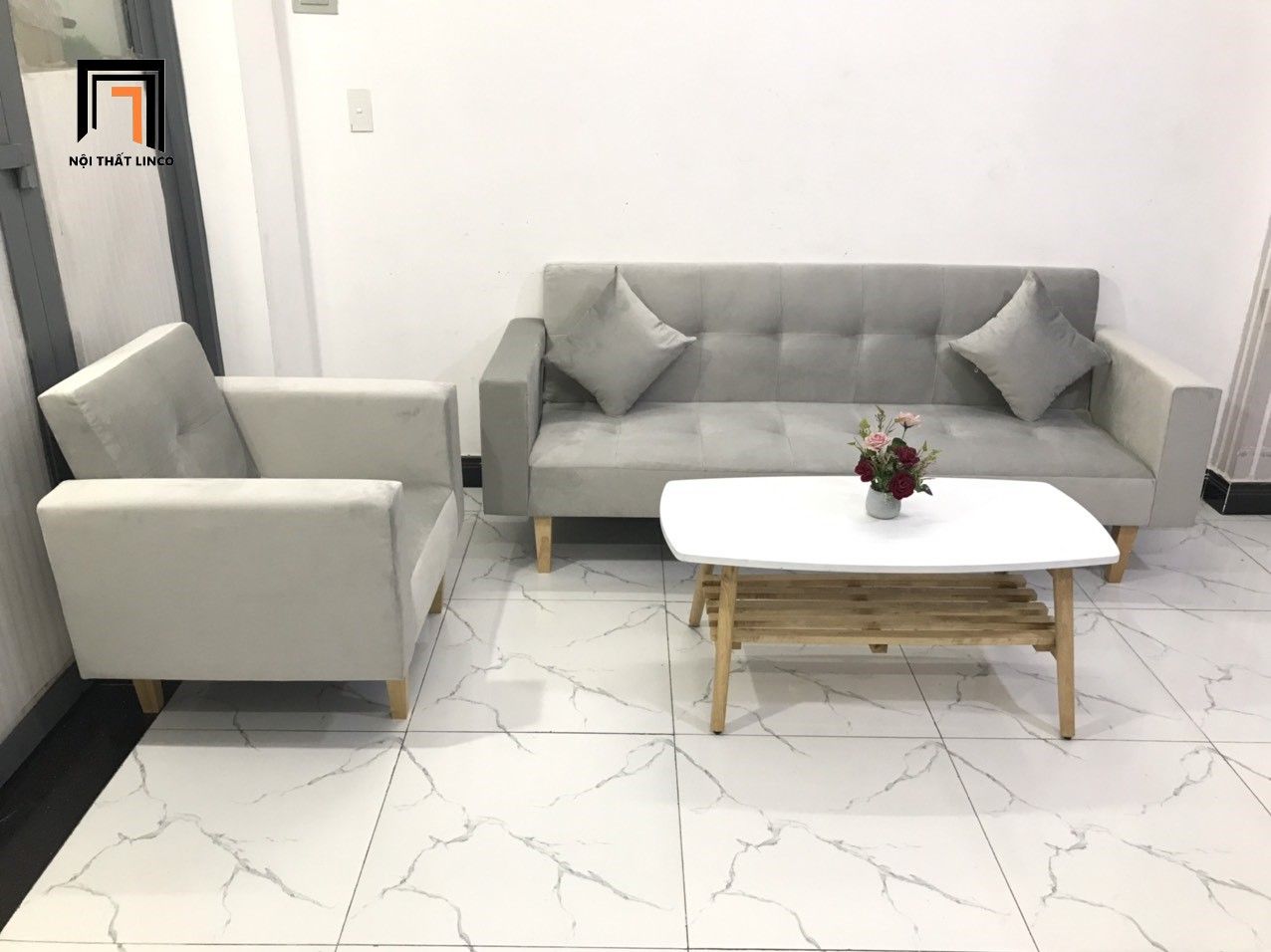 Bộ ghế sofa đa năng phòng khách NS02 vải nhung xám trắng