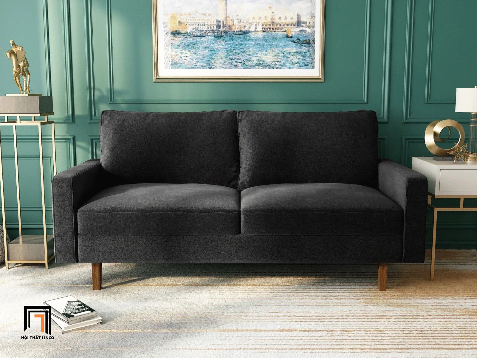 Ghế sofa văng giá rẻ BT221 Jo dài 1m6 vải nhung màu xanh dương