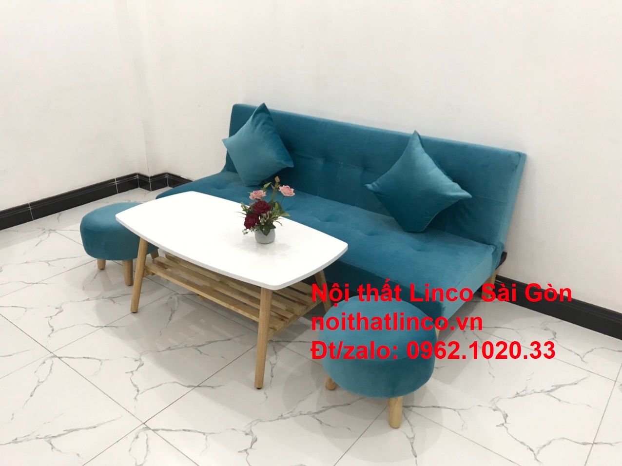 Bộ ghế sopha salon màu xanh nước biển đẹp | Sofa giá rẻ phòng khách | Nội thất Linco Sài Gòn