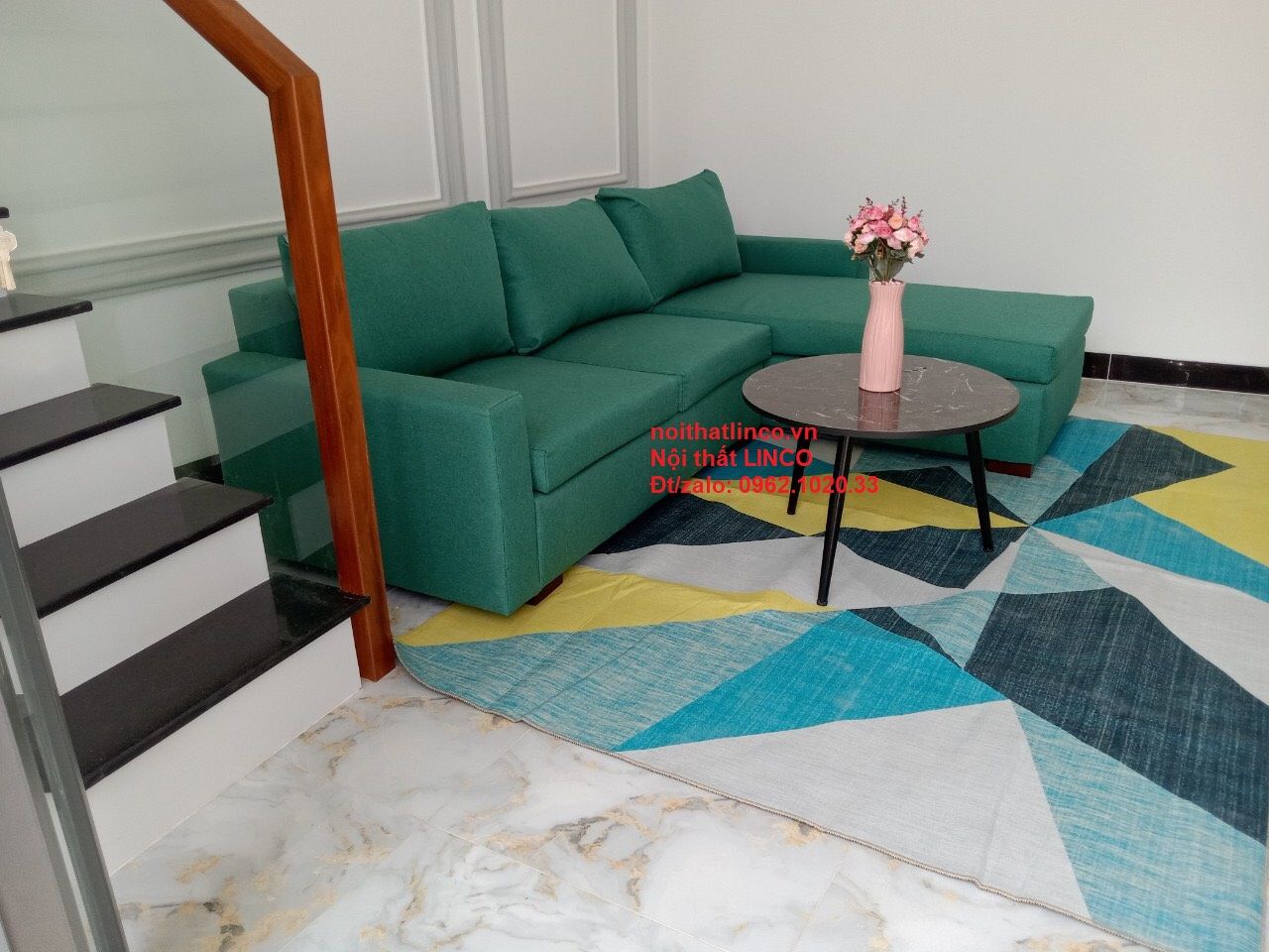 Bộ ghế sofa góc giá rẻ 2m2 x 1m6 màu xanh ngọc vải nỉ bố