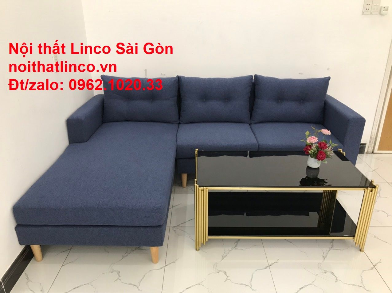 Bộ bàn ghế sofa góc L đẹp, sofa góc dài 2m2 x 1m6 nhỏ giá rẻ xanh dương đen | Nội thất Linco HCM