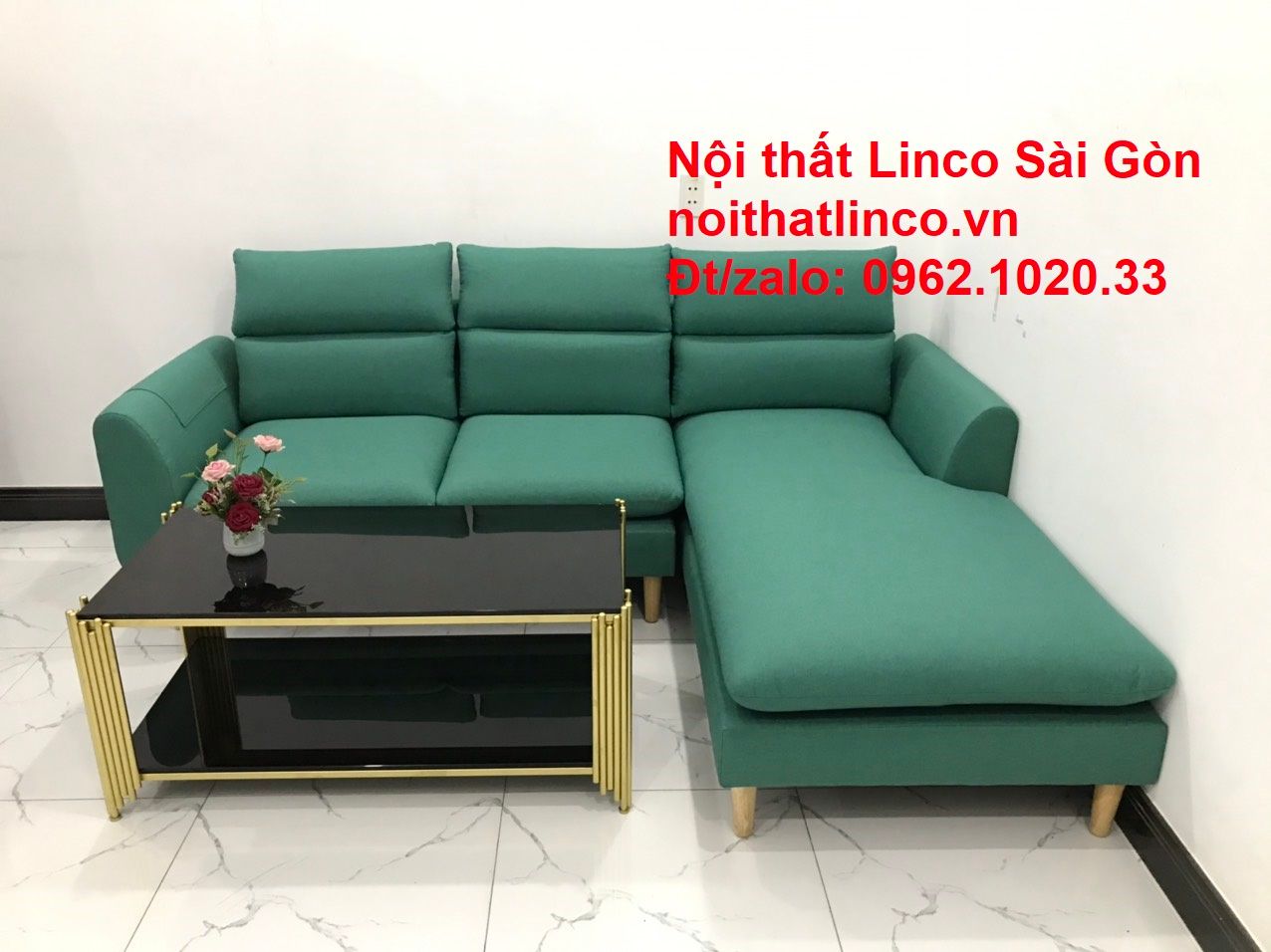 Ghế sofa góc chữ L giá rẻ | Sofa góc xanh ngọc lá cây đẹp | Nội thất Linco HCM Sài Gòn