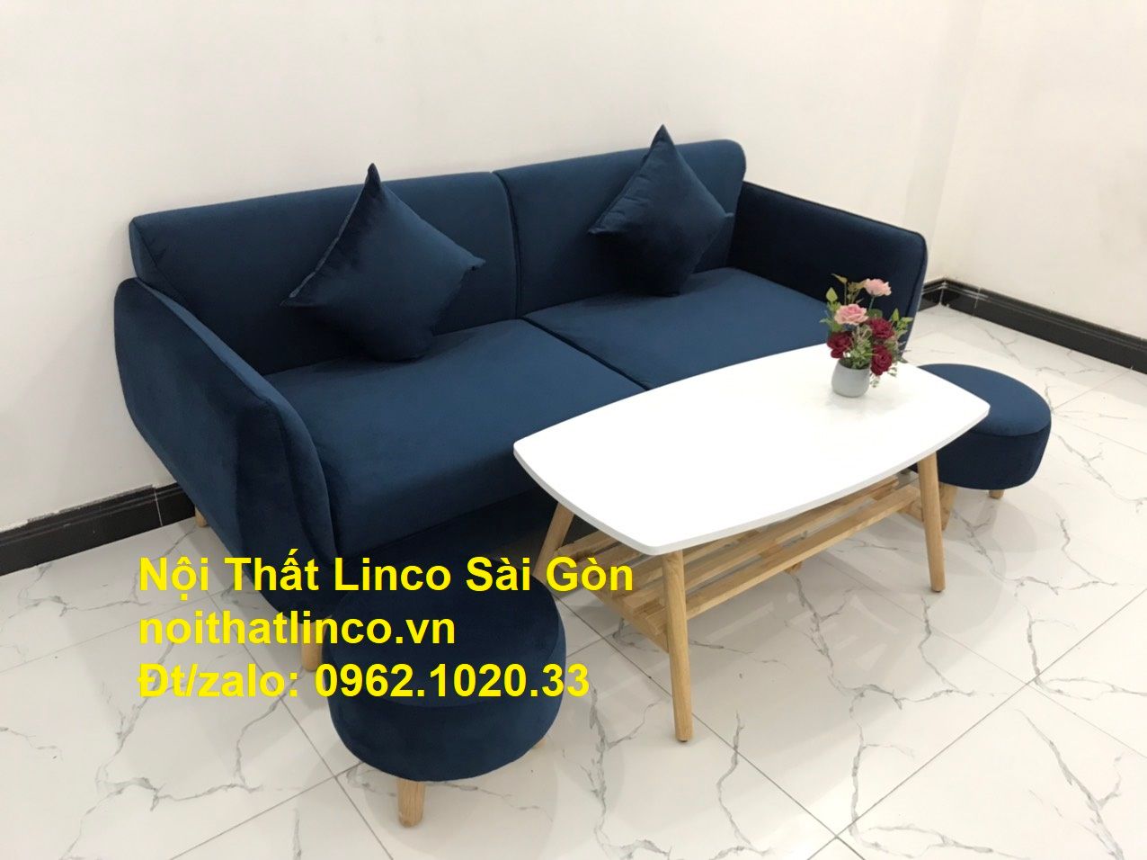 Bộ bàn ghế sofa băng văng xanh dương đậm giá rẻ Nội thất Linco Sài Gòn