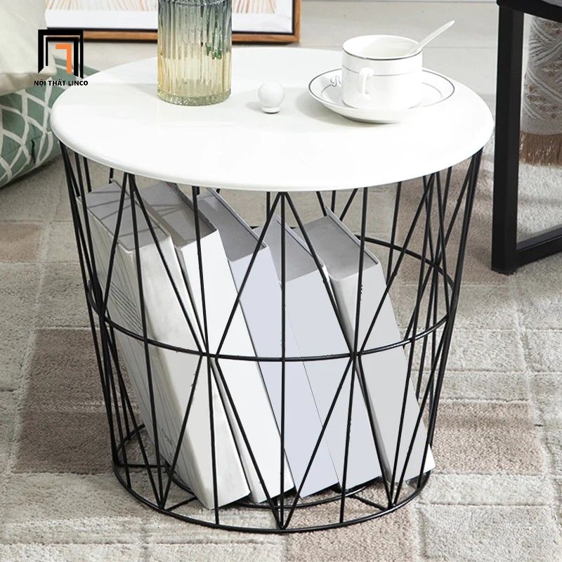 Bàn sofa phòng khách nhỏ gọn BSF26 Bagym mặt đá hình tròn 50cm