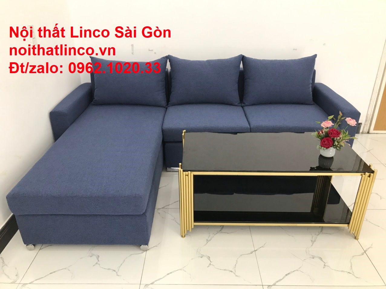 Bộ bàn ghế sofa góc L đẹp, sofa góc dài 2m2 nhỏ rẻ xanh dương đen | Nội thất Linco Tphcm