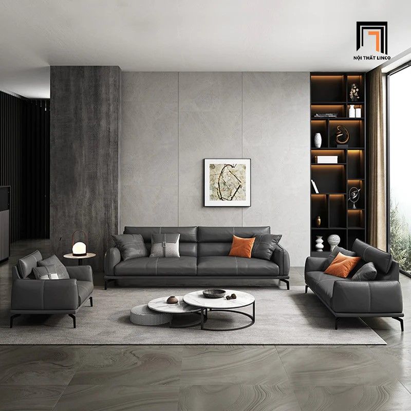 Bộ ghế sofa phòng khách hiện đại KT69 Flamy da giả đen