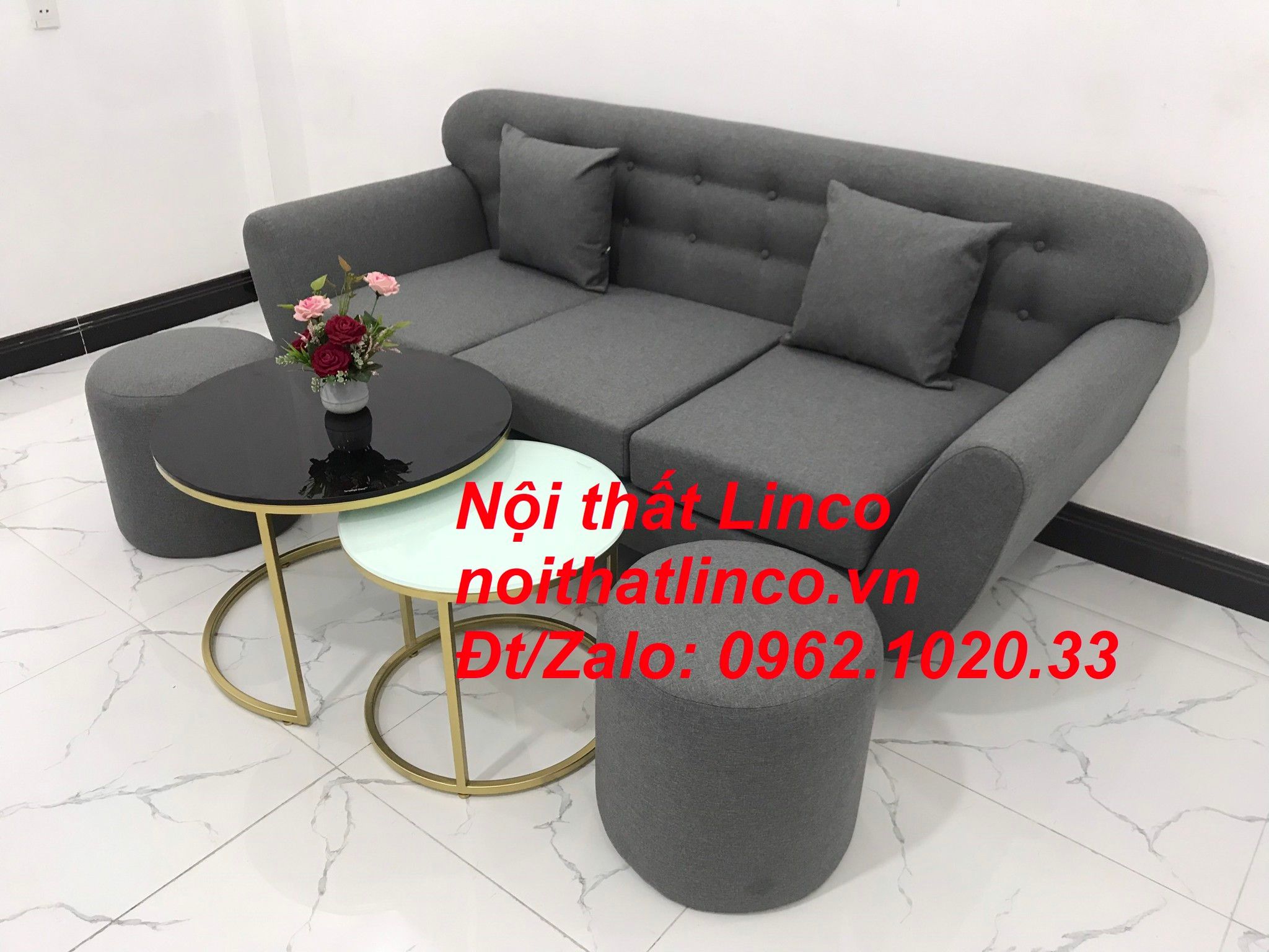 Bộ ghế sofa băng BTC dài 1m9 xám lông chuột vải bố