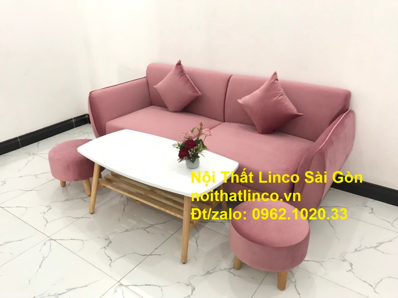 Mẫu sofa băng văng dài 1m9 giá rẻ | so pha Màu hồng phấn cánh sen đẹp ở tại Nội thất Linco Sài Gòn