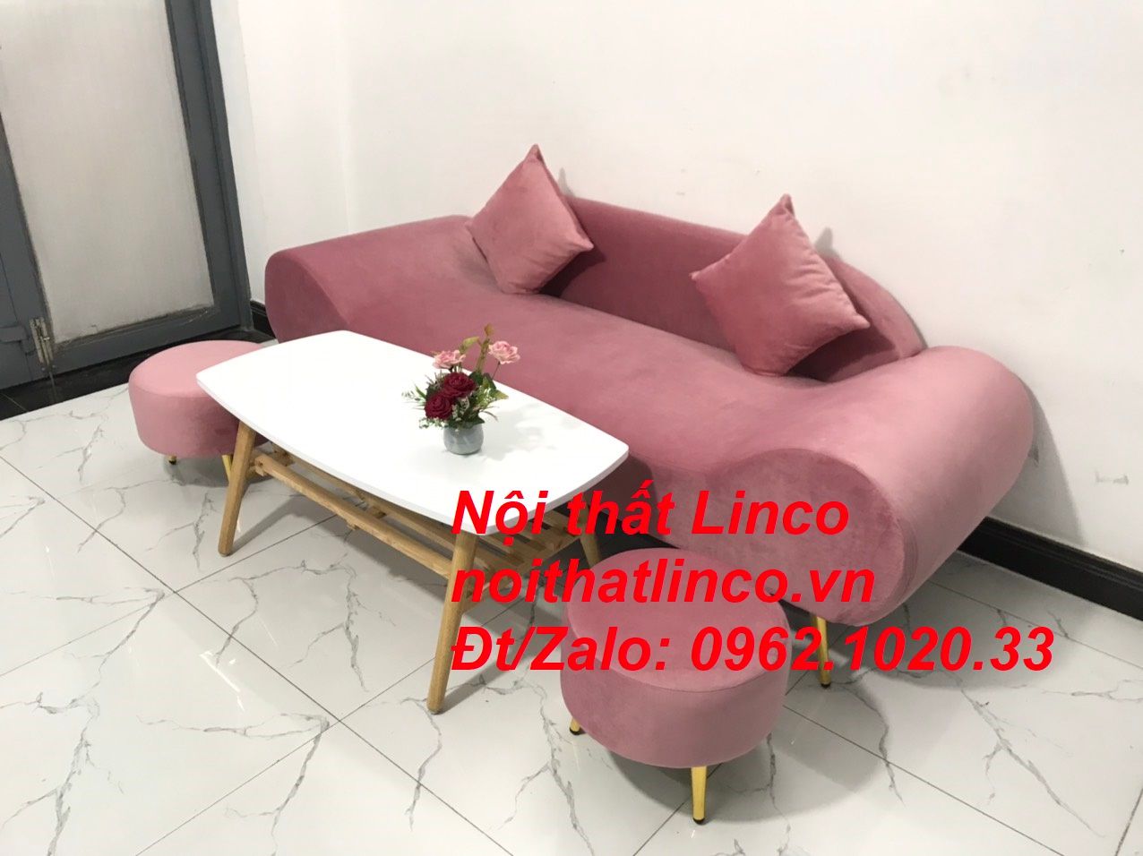 Bộ ghế sofa băng văng thuyền hồng hường cánh sen | Nội thất Linco HCM