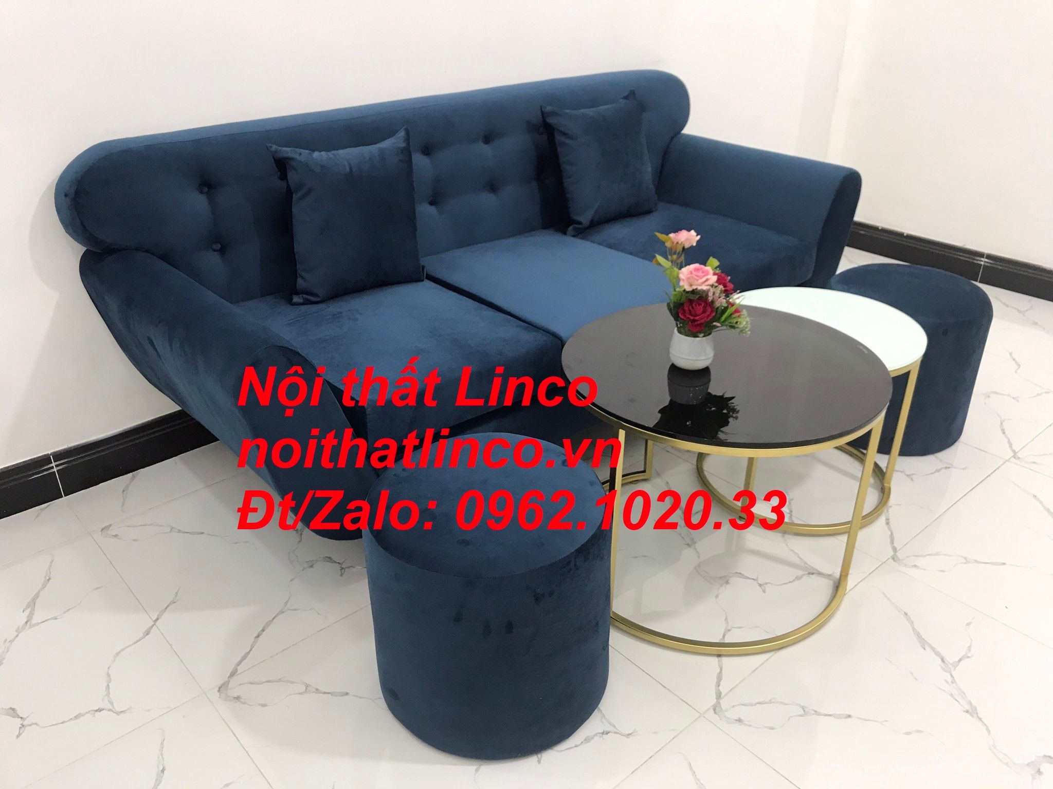 Bộ ghế sofa băng vải nhung BTC dài 1m9 xanh dương đen đậm