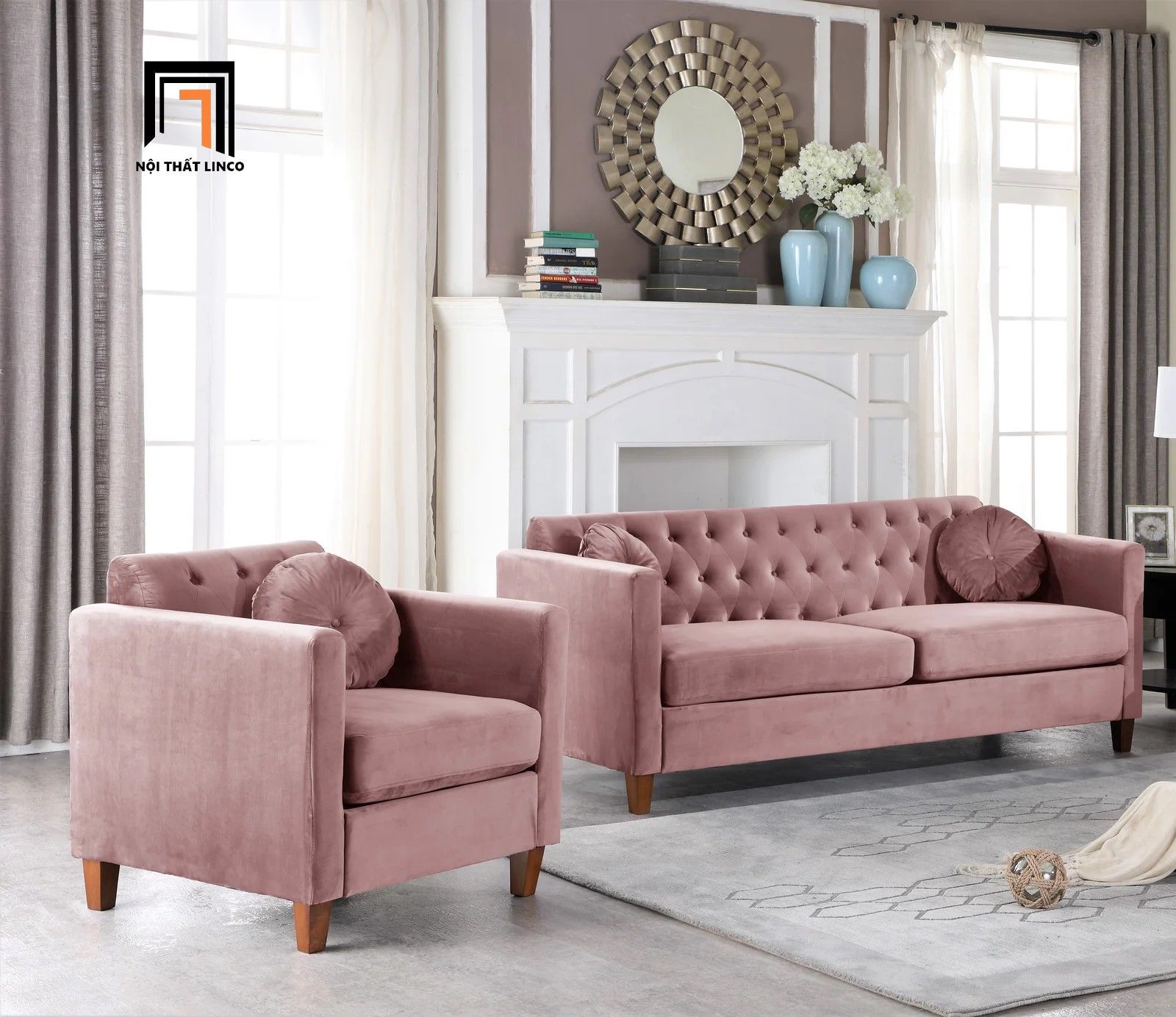 Bộ ghế sofa gia đình hiện đại KT125 Prady xanh lá vải nhung
