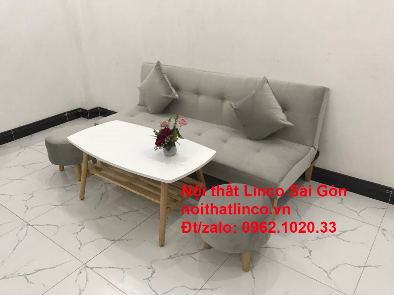 Bộ ghế sofa bed giường nằm nhỏ gọn 1m7 giá rẻ xám lông chuột vải nhung ở tại Nội thất Linco Sài Gòn