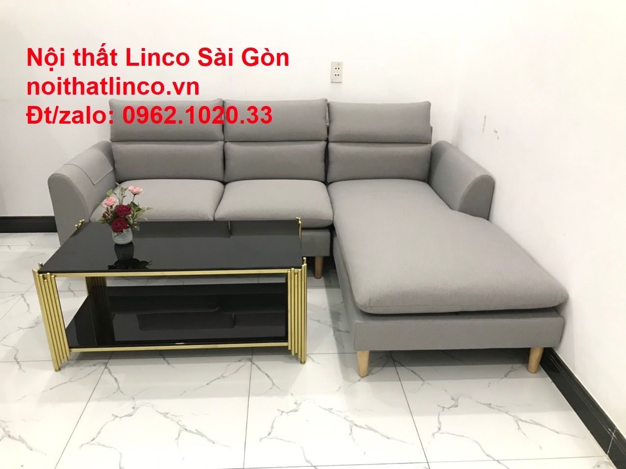 Bộ bàn ghế sofa góc chữ L | Salon sopha xám ghi trắng rẻ đẹp dài 2m2 | Nội thất phòng khách Linco Sài Gòn