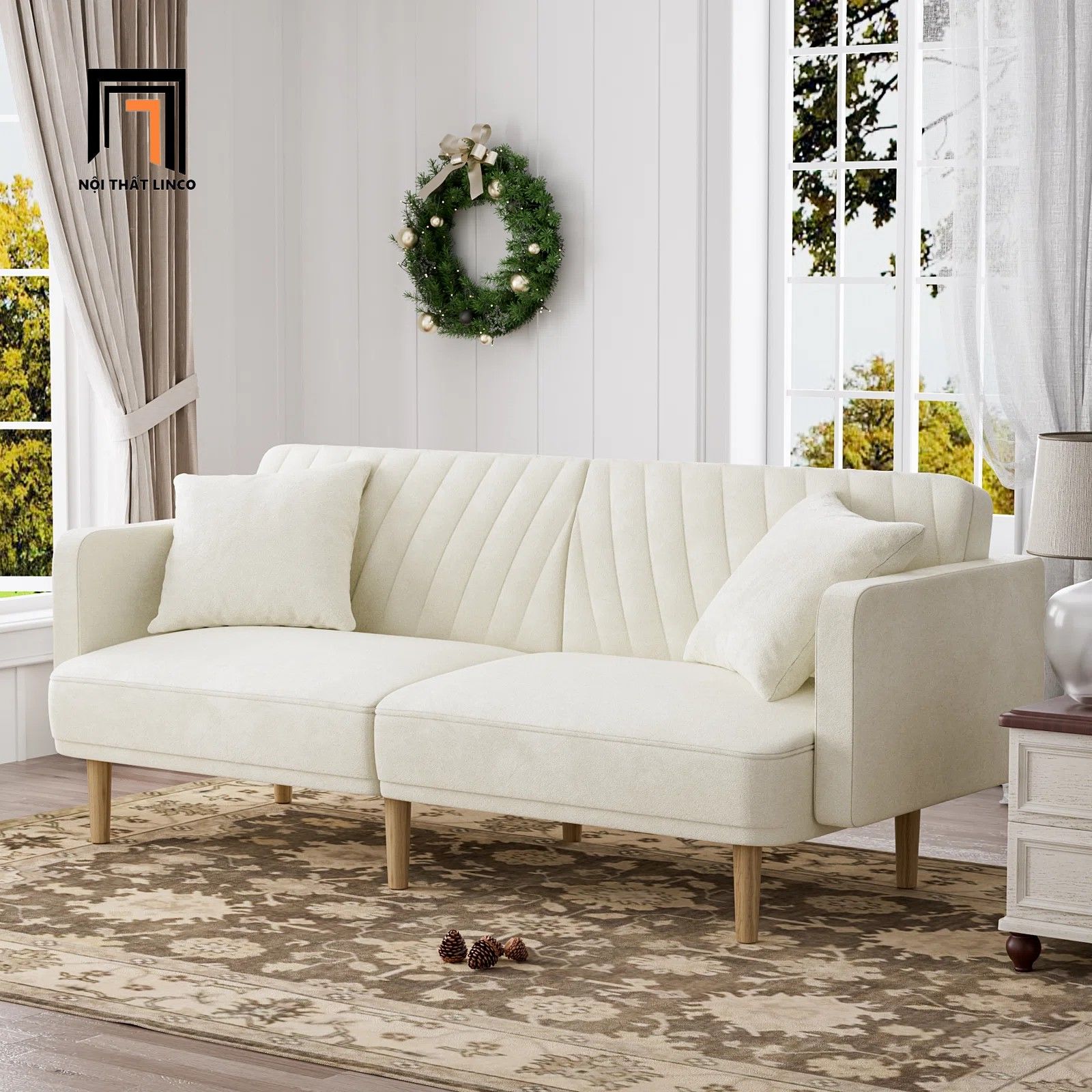 Ghế sofa giường dài 2m GB78 Alcivar vải nhung hồng phấn