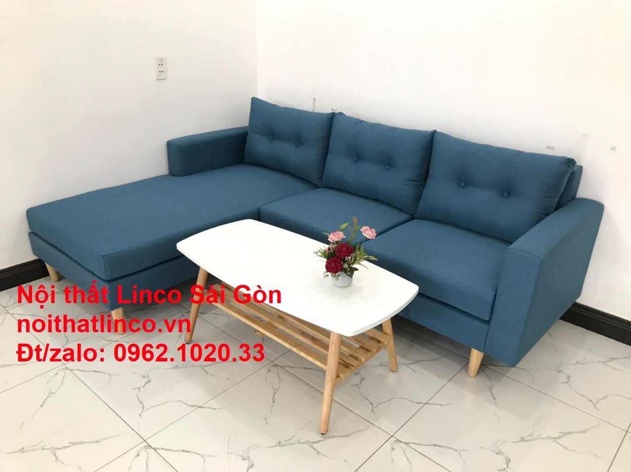 Bộ ghế sofa góc chữ L xanh dương nước biển đẹp hiện đại giá rẻ phòng khách | Nội thất Linco Tphcm