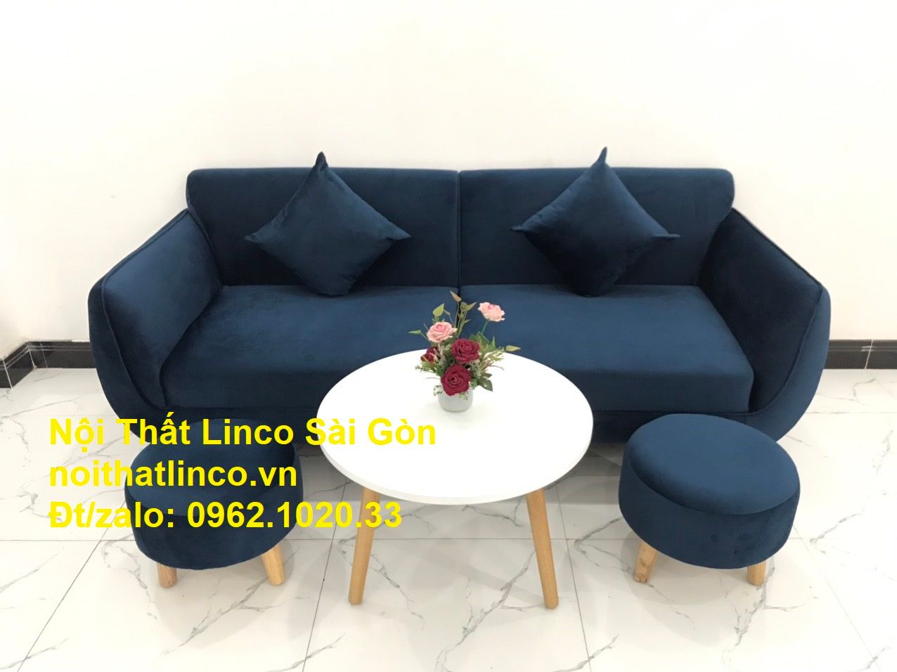 Bộ bàn ghế sofa băng văng xanh dương đậm giá rẻ Nội thất Linco Sài Gòn