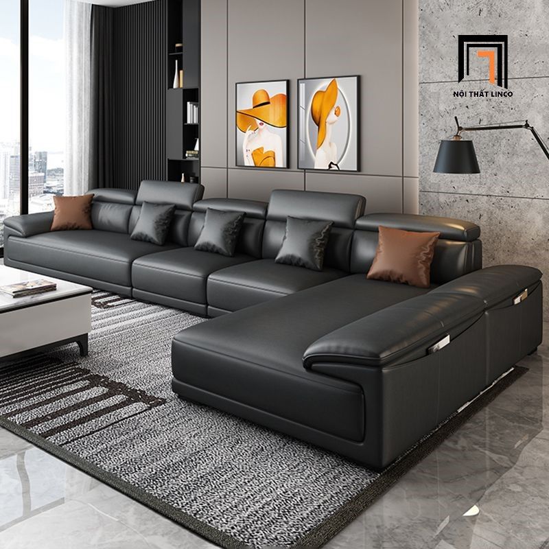 Bộ ghế sofa góc L sang trọng GT176 Souris 2m6 x 1m7 da giả đen