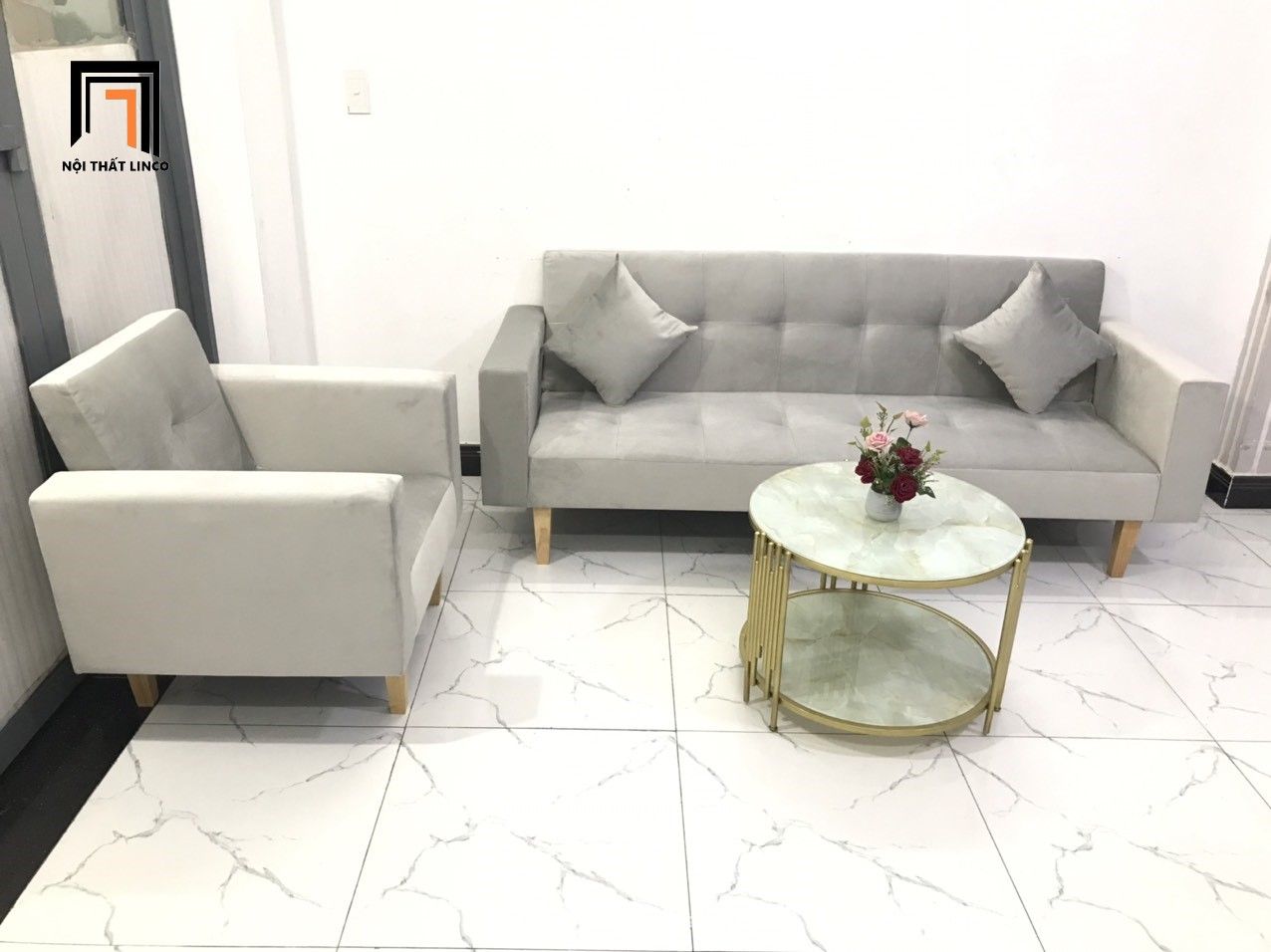 Bộ ghế sofa đa năng phòng khách NS02 vải nhung xám trắng