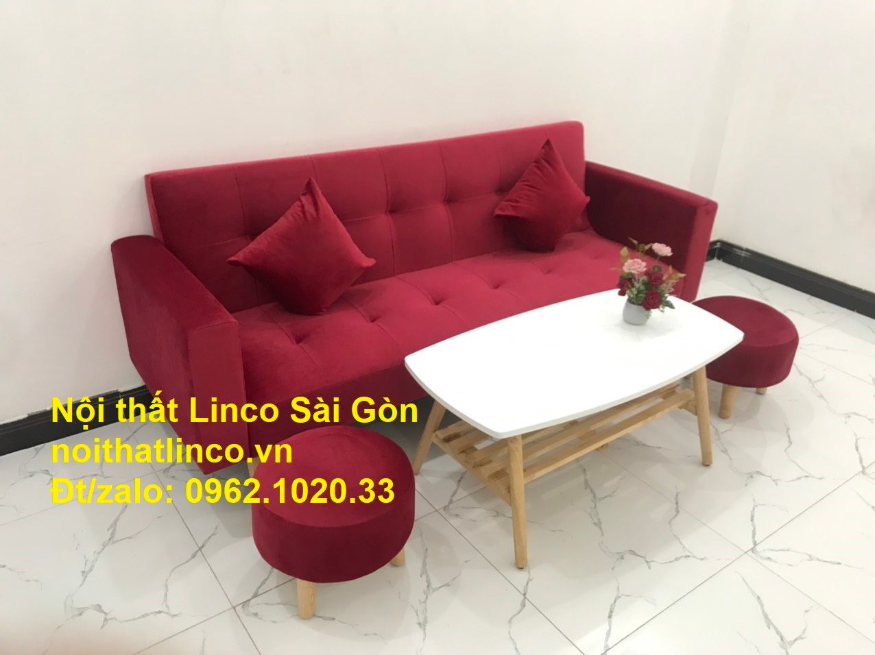Bộ ghế sofa giường đa năng màu đỏ vải nhung rẻ đẹp | Nội thất Linco Sài Gòn