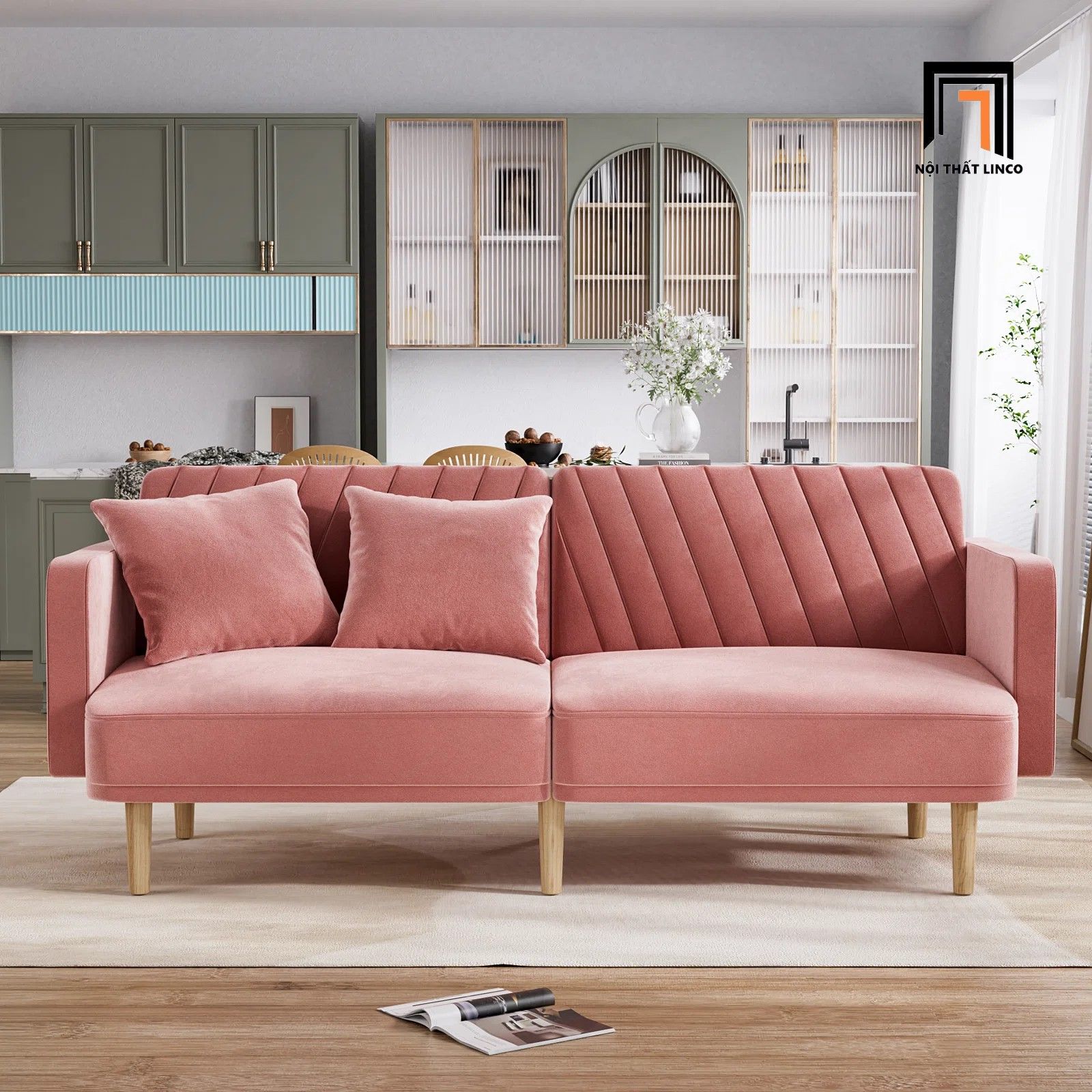 Ghế sofa giường dài 2m GB78 Alcivar vải nhung hồng phấn