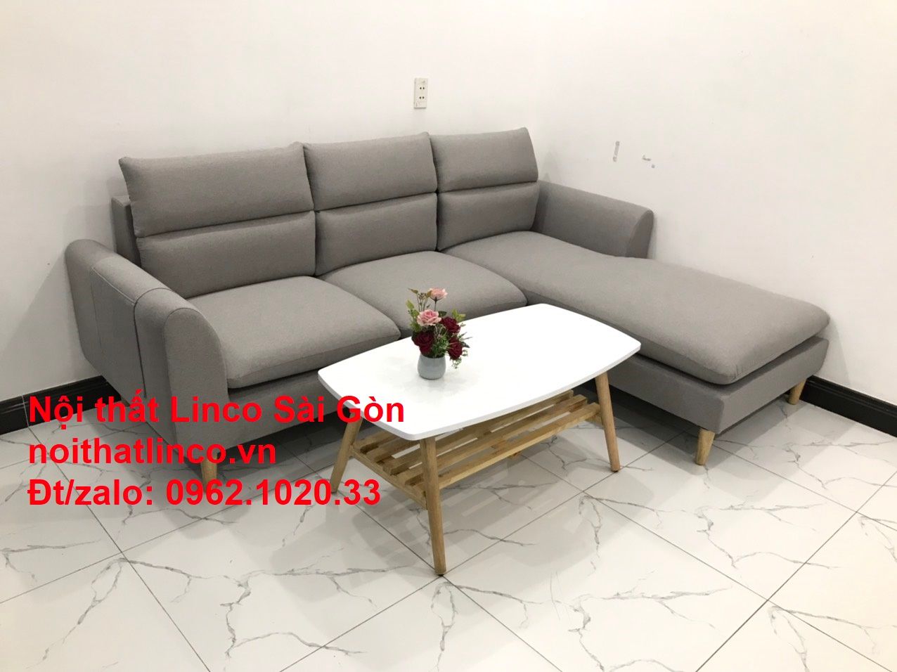Bộ bàn ghế sofa góc chữ L | Salon sopha xám ghi trắng rẻ đẹp dài 2m2 | Nội thất phòng khách Linco Sài Gòn