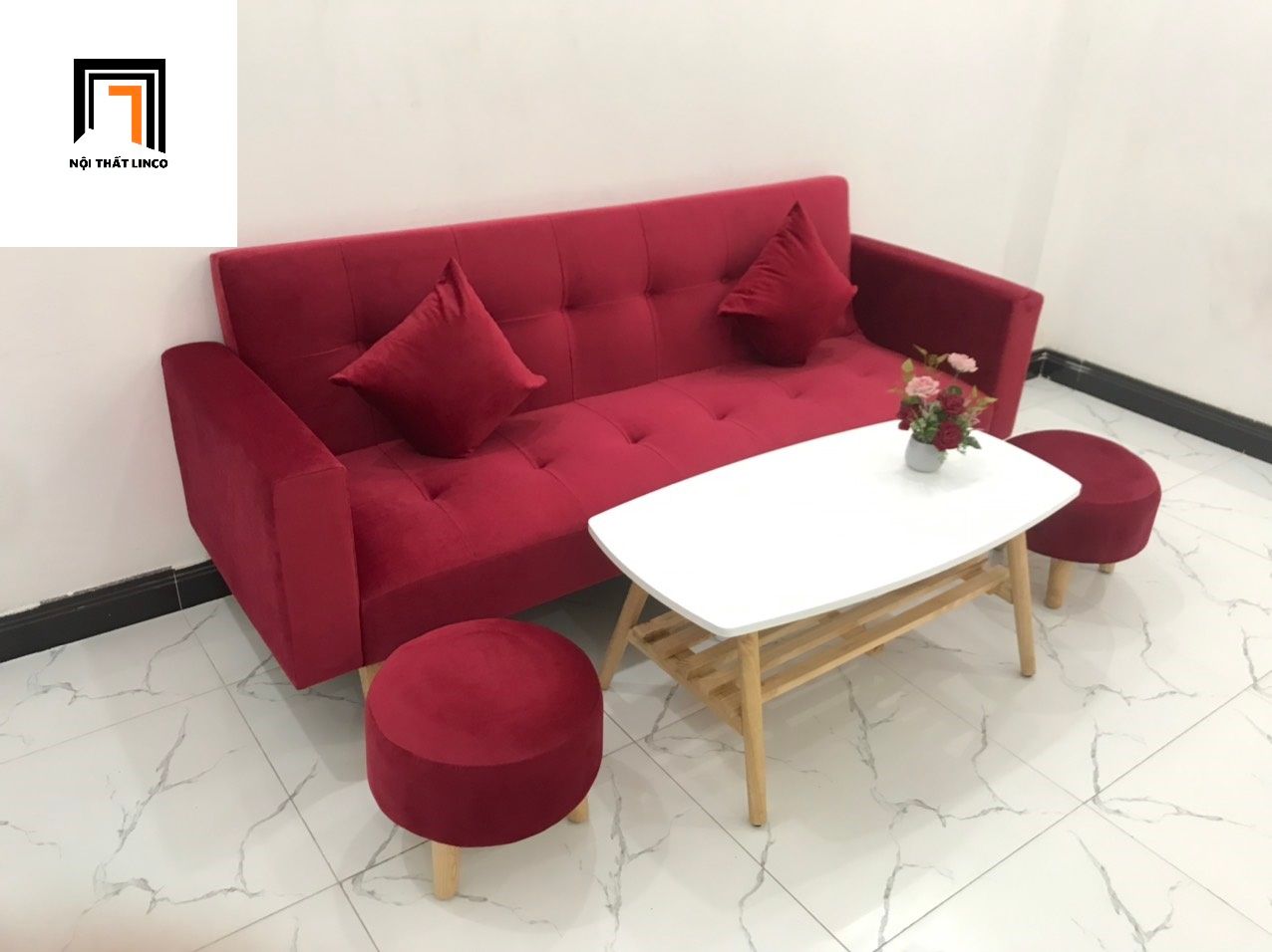 Bộ ghế sofa giường đa năng 2m màu đỏ vải nhung giá rẻ