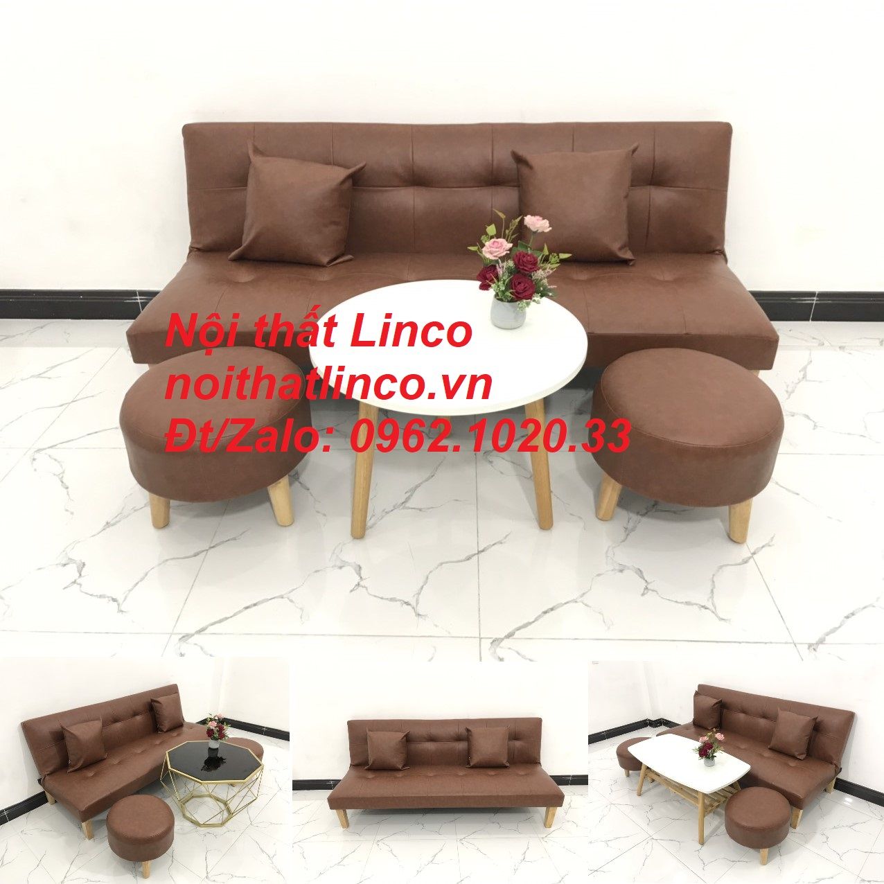 Bộ ghế sofa giường bed simili màu nâu cafe giá rẻ Nội thất Linco Tphcm Sài Gòn HCM