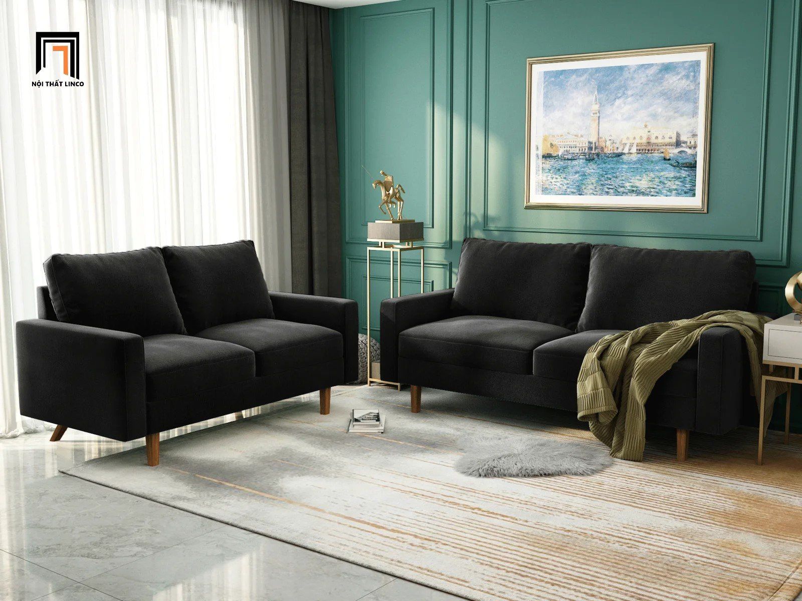 Ghế sofa văng giá rẻ BT221 Jo dài 1m6 vải nhung màu xanh dương