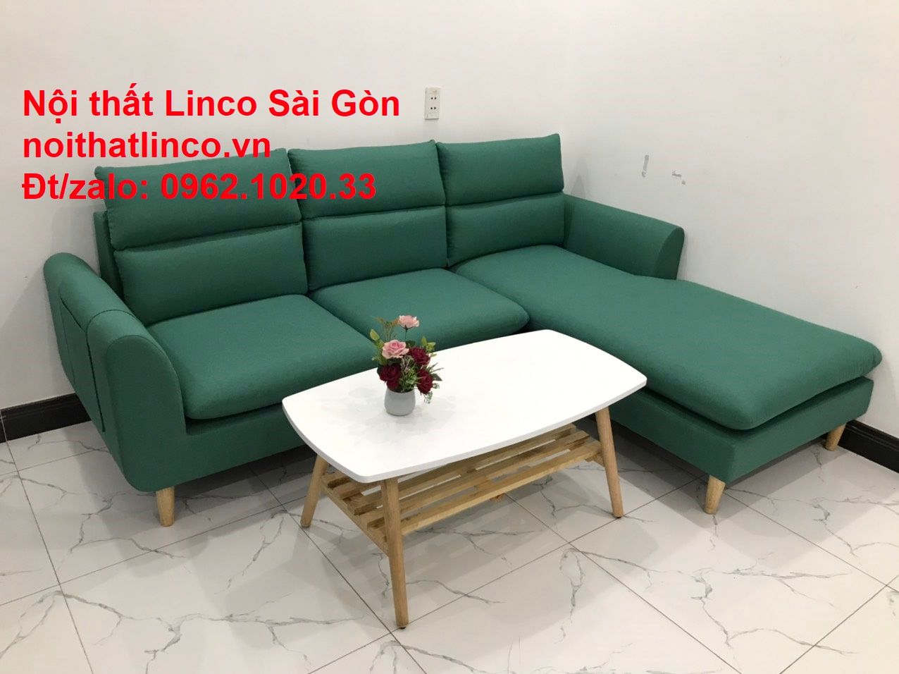 Ghế sofa góc chữ L giá rẻ | Sofa góc xanh ngọc lá cây đẹp | Nội thất Linco HCM Sài Gòn
