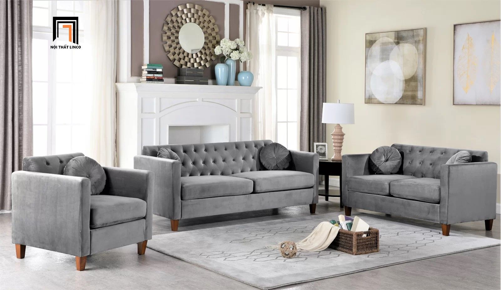 Bộ ghế sofa gia đình hiện đại KT125 Prady xanh lá vải nhung