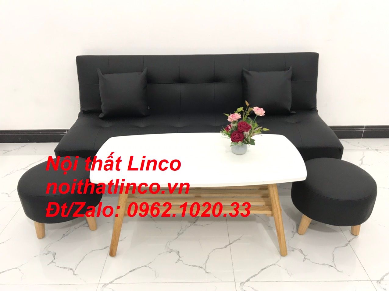 Bộ bàn ghế sofa bed, sofa giường simili đen giá rẻ 1m72