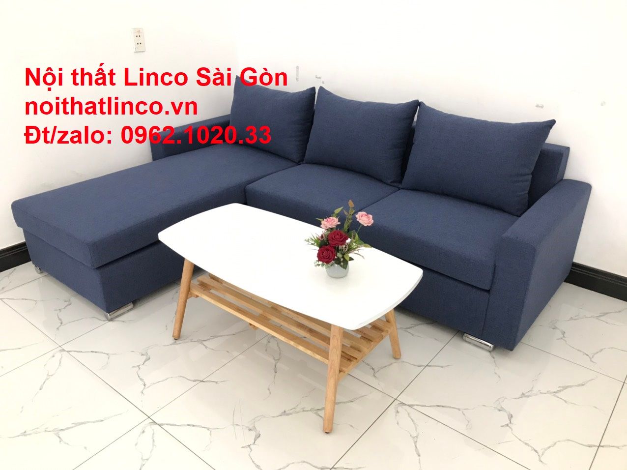 Bộ bàn ghế sofa góc L dài 2m2 x 1m6 màu xanh dương đậm giá rẻ